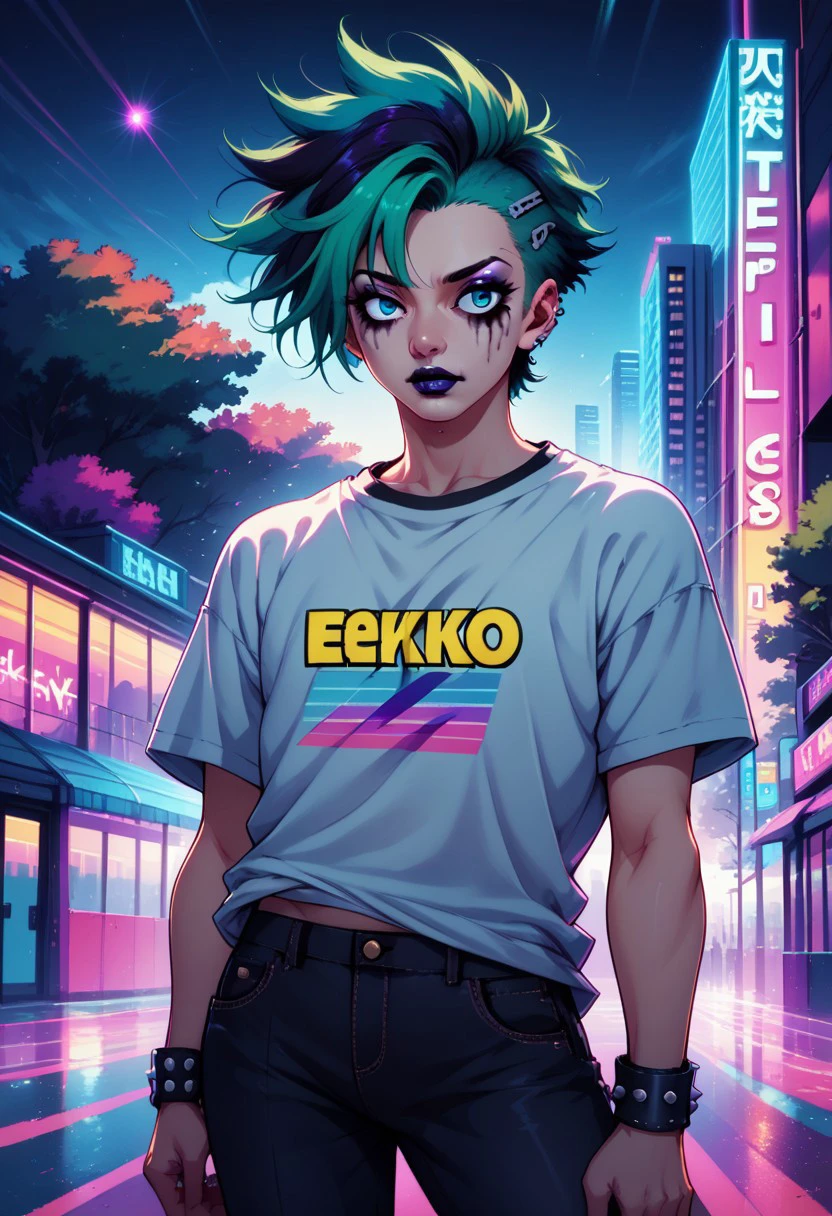 dsk_fantastical_art, femboy in a long tshirt,  punk makeup, digital illustration, 90s,  tokyo sunset,rending on arstation, synthwave, city punk, vivid colors, rim lighting, BREAK PonyXLV6_Scores