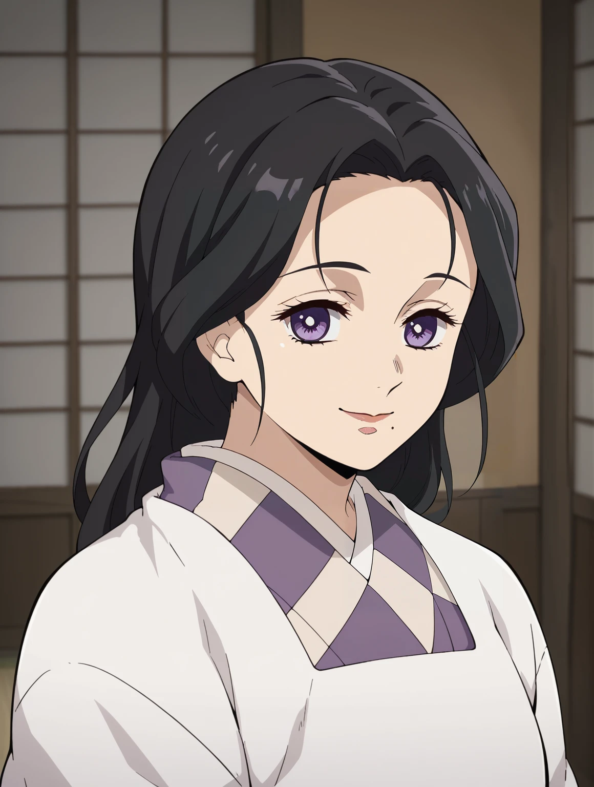 <lora:Kie_Kamado-Kimetsu_no_Yaiba:0.7>,kie,mature female,1girl,solo,purple eyes,black hair,mole under mouth,long hair,kimono,upper body,looking at viewer,indoors,smile