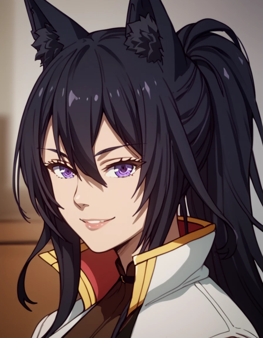 Olivia, purple eyes, black hair, very long hair, ponytail, wolf girl, score_9, score_8_up, score_7_up, score_6_up, score_5_up, score_4_up, source_anime  <lora:GreatestDemonLordRebornasNobody:1>, portrait, soft smile,