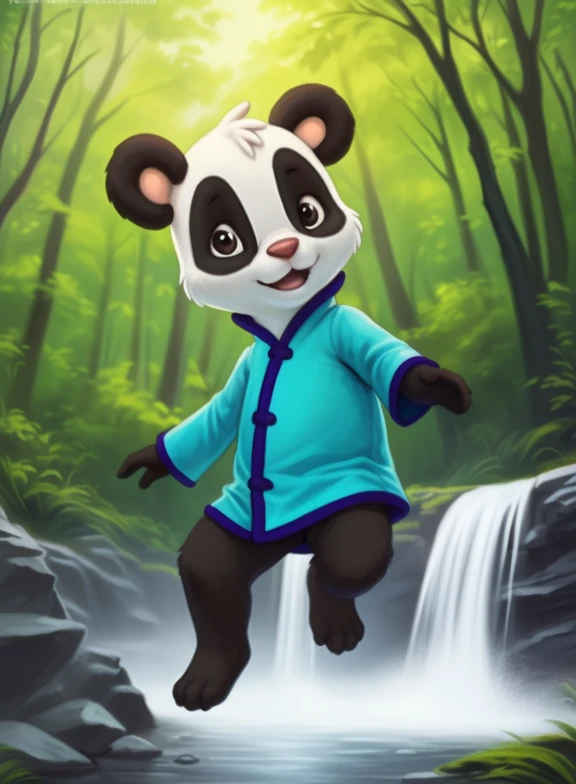 <lora:LingLingAmyRosMilPowYif:1> LingLingAmyRosMilPow, Panda, chibi, small body, blue robe with purple edges,
Looks at the viewer, [  solo, (nature), forest, day, clouds, waterfall,]  (jumping )
(beautiful, aesthetic, perfect, delicate, intricate, saturated colors), masterpiece, digital drawing, best quality,
[by kenket|by totesfleisch8], by thebigslick:by silverfox5213:0.8], [by syuro, by paloma-paloma::0.2, (Tricksta, TotesFleisch8)