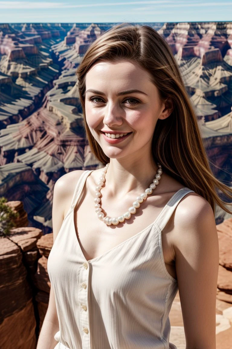 European woman, closeup, (shirt), pants, (grand canyon), pearl necklace , smiling , ZM_esma, wide shoulders, perfect face, (contact iris: 1.1), pale skin, skin pores , depth of field