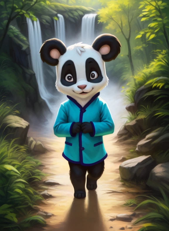 <lora:LingLingAmyRosMilPowYif:1> LingLingAmyRosMilPow, Panda, chibi, small body, blue robe with purple edges,
Looks at the viewer, [  solo, (nature), forest, day, clouds, waterfall,]  ((walking, view from above,))
(beautiful, aesthetic, perfect, delicate, intricate, saturated colors), masterpiece, digital drawing, best quality,
[by kenket|by totesfleisch8], by thebigslick:by silverfox5213:0.8], [by syuro, by paloma-paloma::0.2, (Tricksta, TotesFleisch8)