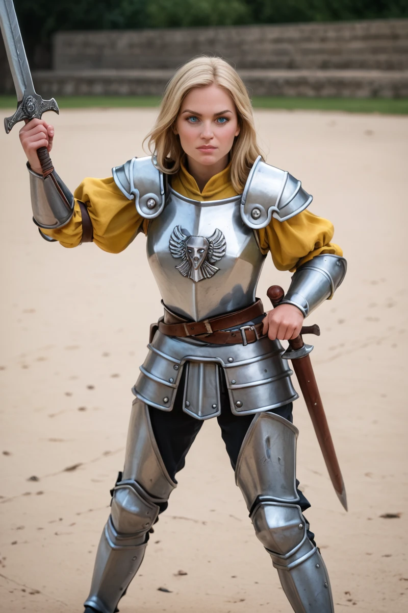 source_realistic, photorealistic photo, realistic, simple white background,face focus, empg3n3r4l, female focus, 1girl, gilded armor, long blonde hair, blue eyes, breastplate, pauldrons, yellow and white puffy sleeves, holding zweihander, action pose, <lora:empg3n3r4lPonyV2-000020:0.8>, PonyXL_Scores