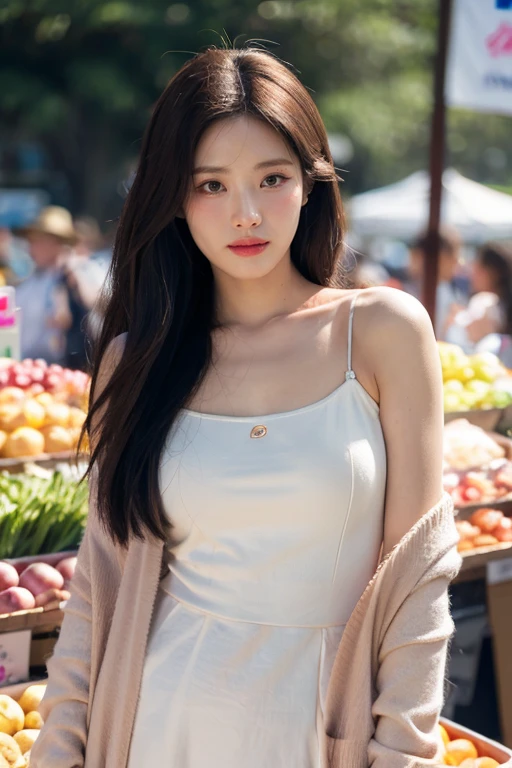 masterpiece, best quality, ultra-detailed, ultra high res, (photorealistic:1.4), raw photo, (realistic:0.2), 8k HDR, realistic lighting, looking at viewer, 1girl, solo, asymmetrical hair, outdoor, sky, (traditional market:1.2), bokeh, (detailed lips), (day), (detailed pores), (detailed skin textures), (detailed face:1.2), (body:1.2), cowboy shot, a woman portrait in a flower sundress, brown cardigan,