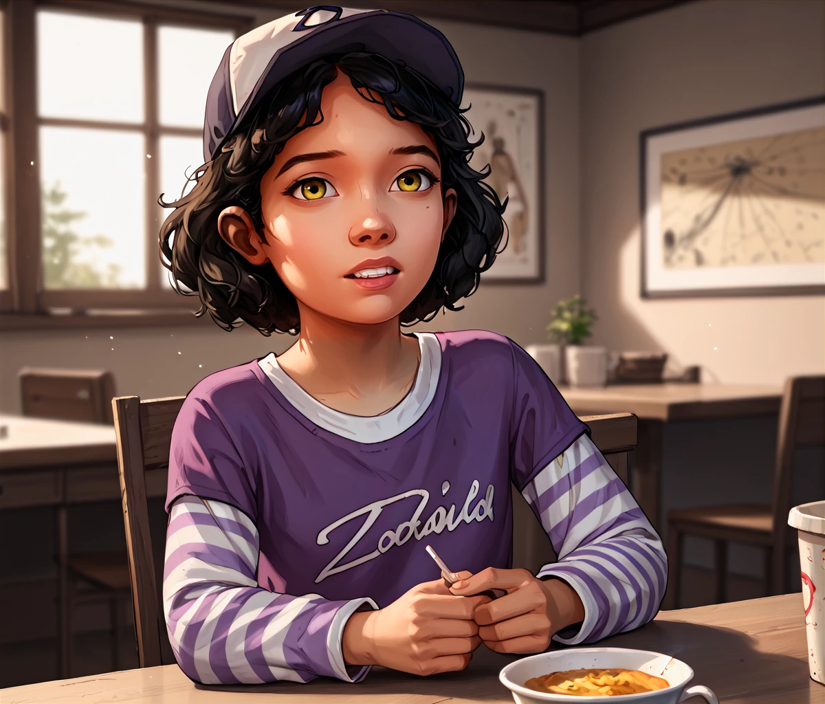 (score_9, score_8_up, score_7_up, score_6_up), clementine, telltale-style, twd, 1girl, hat, solo, dark skin, dark-skinned female, baseball cap, purple shirt, short over long sleeves, black hair, layered sleeves, yellow eyes, indoors, shirt, striped shirt, long sleeves, upper body, teeth, cup, table, contour lines, zPDXLrl <lora:Telltale_Walking_Dead_Clementine:1>