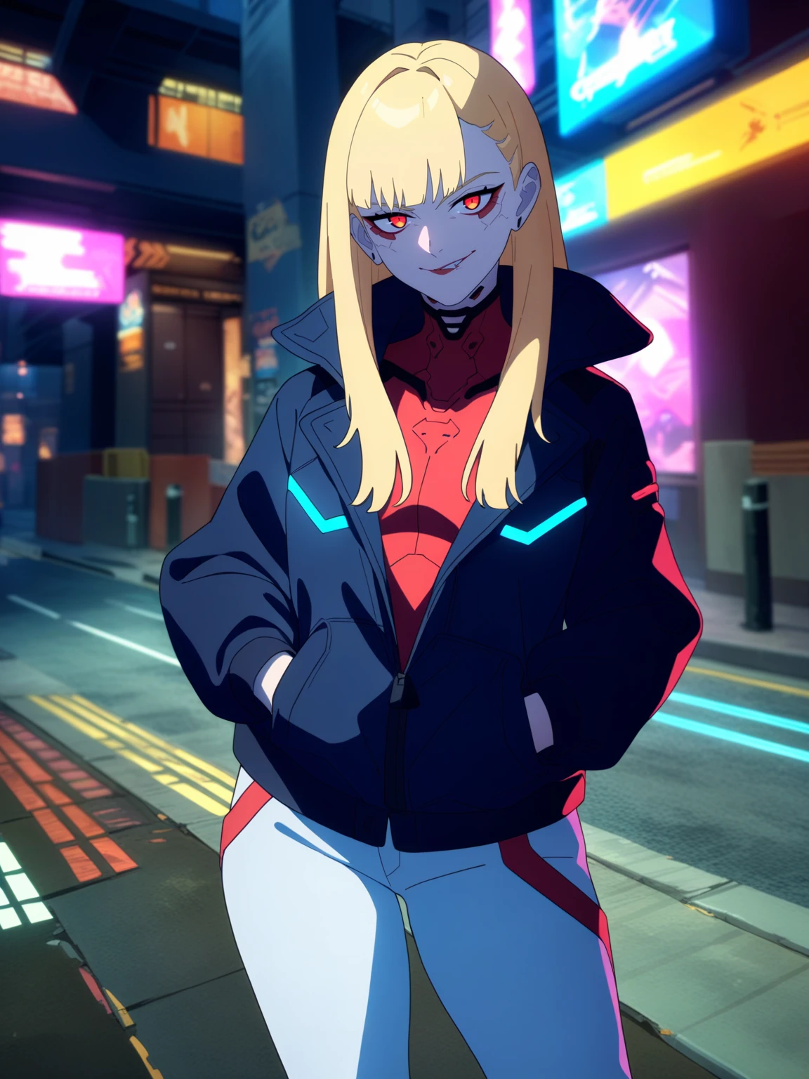 <lora:Cyberpunk_Edgrerunners-DoRA_V1:0.85>
very aesthetic, newest, best quality, masterpiece, absurdres, 1girl, long hair, blonde hair, red eyes, smirk, blue jacket, white  pants, cowboy shot, cyberpunk, street, day