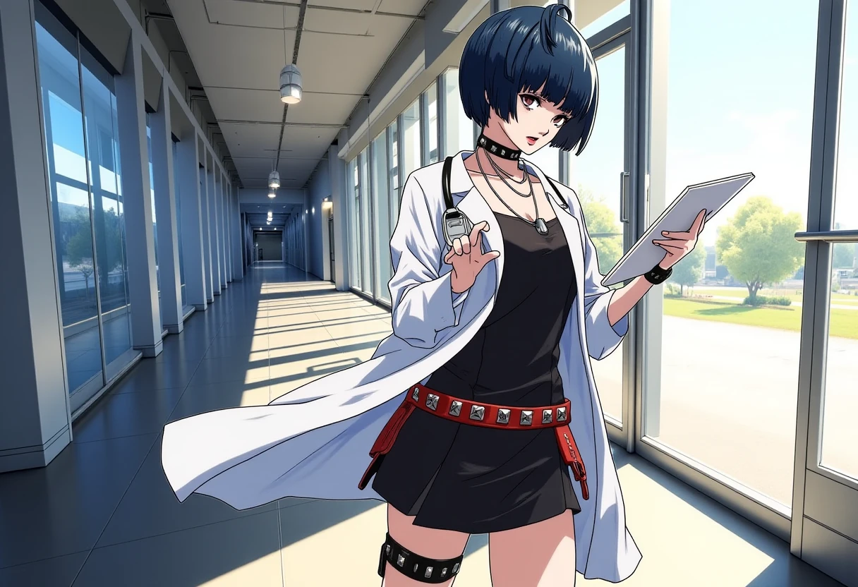 Anime style, sharp, high contrast and highly detailed. Ghibli anime style. Perfect anatomy. Perfect body ratio. No oversized head. No blurry, out of focus pictures. No simple background, no single color background.
A beautiful female doctor takemi_tae wearing a white lab coat over a sleek black dress. The character has a confident and assertive pose, holding a clipboard in one hand. Her attire is accessorized with a choker, layered necklaces, and a red belt with silver studs, adding an edgy and rebellious flair to her look. She is also wearing high-heeled, strappy black sandals, emphasizing her bold and modern style. The character's intense gaze and professional outfit suggest a medical or scientific background, while her overall appearance exudes a strong and unique personality.
she is standing in the lobby of a modern hospital.
She is 154 cm, 
Upper body, 
 <lora:Tae Takemi_epoch_5:1>