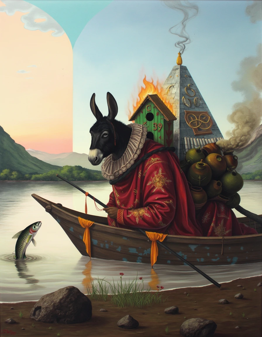 elgc, a donkey wearing a red robe with gold pattern and a white frill around its neck with intricate pattern holding a long black stick into the water wearing a bunch of clay jugs on its back attached with red string with a bird house on its back the bottom is painted green with the number three on it and the top has a bird in the hole with a gold ring with three gold rings on the top with a star on the top of it, orange ribbons on the boat, blue paint marks on the boat, lake, mountains, a line divides the image with an arch at the top between the sunset on the left and the blue sky on the right, the bird house is on fire and smoking, silver pyramid in water with a fish sticking its head out of the water