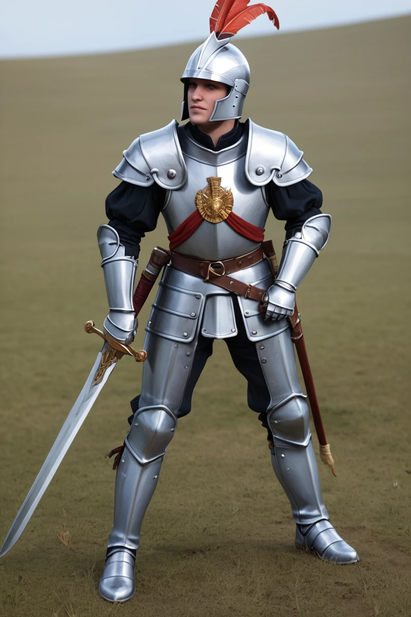 photorealistic 3D render photo, realistic, simple white background, empg3n3r4l, male focus, light armor, sallet helm, feather plume, (raised visor:1.2), breastplate, gorget, pauldrons, tassets, gauntlets, greaves, (blue and yellow slashed uniform, puffy sleeves:1.2), holding sword, <lora:empg3n3r4lPonyV2-000022:0.8>, PonyXL_Scores, 3D_core, source_3D, PonyXL_HQ, <lora:StS_detail_slider_v1:1>