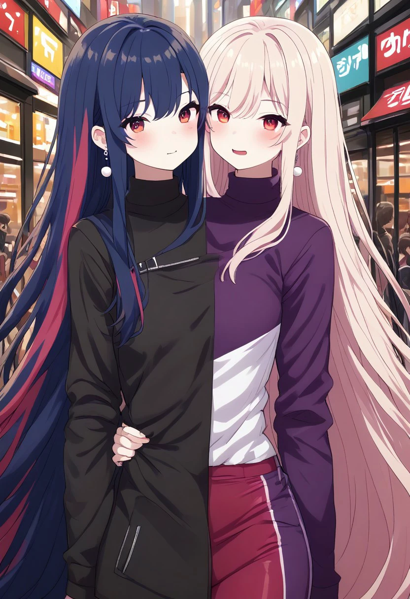 8K, HD, colorful, easynegative, half body, close shot, upper body, conjoined, Japan anime, two heads, BREAK female, random color hair, random ((short hair, very long hair, very long straight hair, wave hair, thick hair, furry hair)), ((2 different hairstyles)), ((2 tones color of hairstyles)), (((2 tones color hair))), ((human)), anime, BREAK female, rival team color, (((2 conjoined princesses from 2 different countries))), (((((2 tone color outfit, contrasting left and right outfit, asymmetrical design with varying styles on left and right, dual-style outfit, separate outfit design for left and right sides, ))))), Silk gown with a high neckline and detailed lace, Layered skirt with a regal train, Pearl earrings, lady, girl, Outdoor hills background, lighting