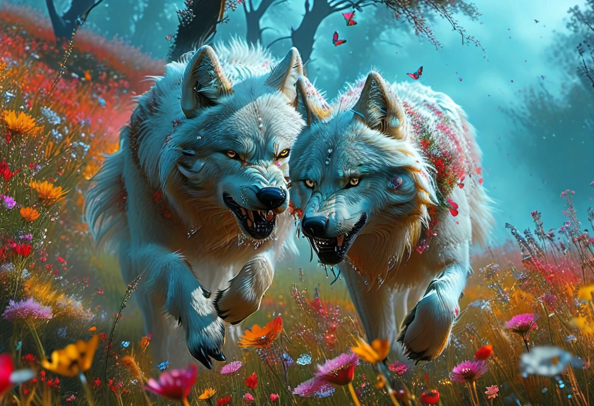 a mystical forest, light fog, a majestic wolf gently walks on the meadows, picturesque colors flowing in sync with the dance of life, a colorful meadow with many different flowers, early dew, small drops of dew on the flowers and grass, the first rays of the sun, colorful butterflies