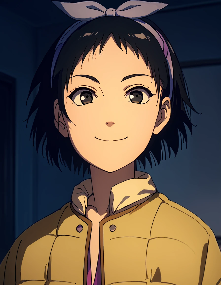 Totori, short hair, black hair, black eyes, yellow jacket, purple hairband, score_9, score_8_up, score_7_up, score_6_up, score_5_up, score_4_up, source_anime   <lora:HeavenlyDelusion:1>, soft smile, portrait,