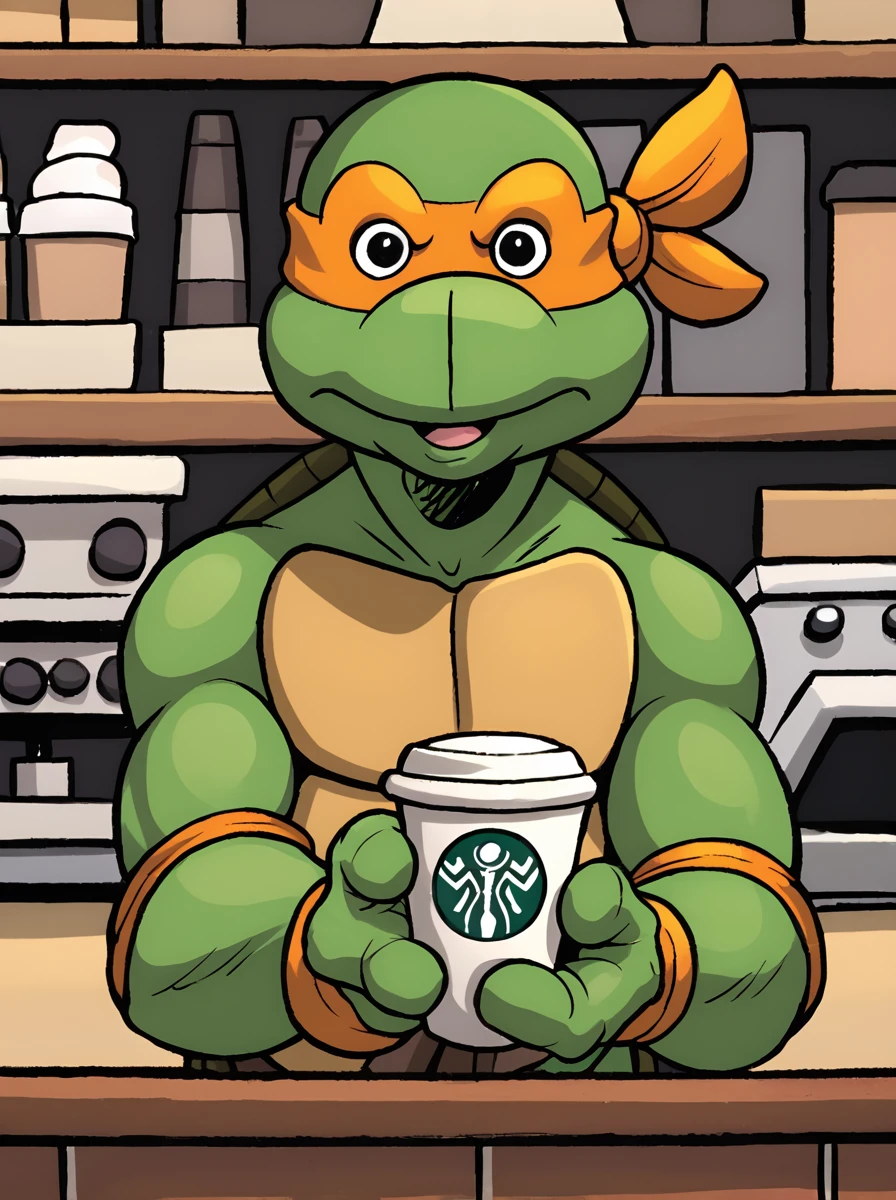 (tmnt),(Michelangelo:1.2),coffee shop,starbucks,holding cup,3finger_hand,looking at viewer, <lora:sdxlpony tmntsma v1:0.7>