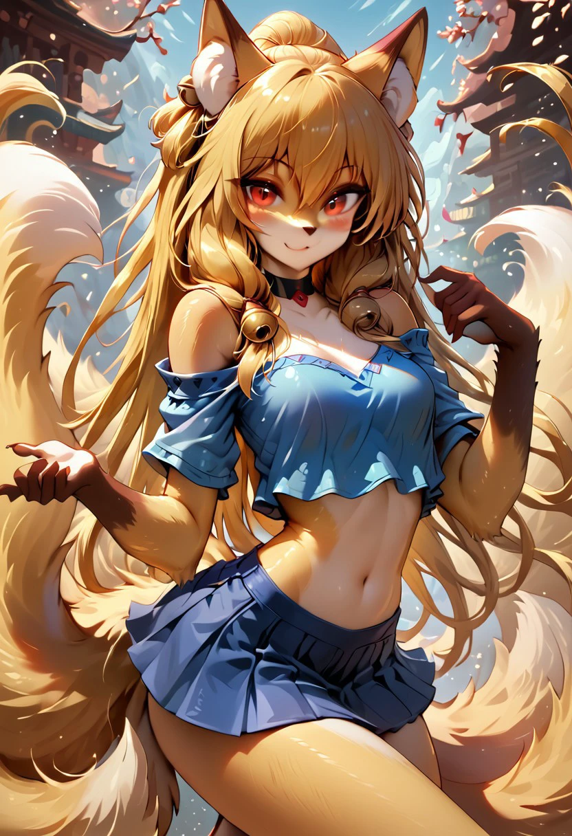 very detailed, hyper detailed, detailed clothes, high resolution illustration, score_9, score_8_up, score_7_up, 1girl, tail raised, furry female, fox tail, smile, long hair, hair bell, only furry, furry girl, animal ears, 1tail, seductive smile, red eyes, yellow hair, long hair, thin, slim,  small breasts, narrow waist, bare shoulders, off-shoulder shirt, crop top, black choker, blue skirt, pelvic bone, lowleg skirt, short skirt, rock background, detailed background, thighs, sexy, looking at viewer, yellow body, joyful, light smile,