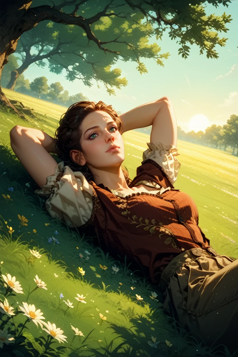 score_9, score_8_up, score_7_up, score_6_up
<lora:ACEvie:1>
ACEvie, 1girl, brown hair, green eyes, looking at viewer, soft expression, lying on grass, hands behind head, meadow, wildflowers, golden hour, sun setting behind trees