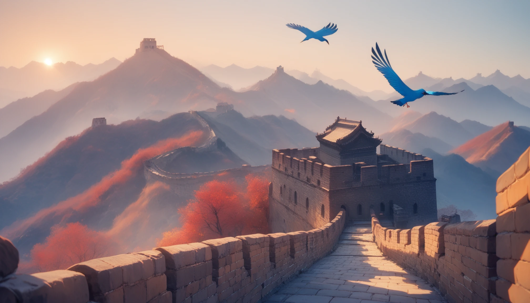 anime, source, score_9,score_8_up,score_7_up,
stand on the Great Wall, beacon tower, mountains, rocks, scenery, outdoors, sky, day, blue sky, deep sky, architecture, building <lora:the-great-wall:1>, (flying bird),