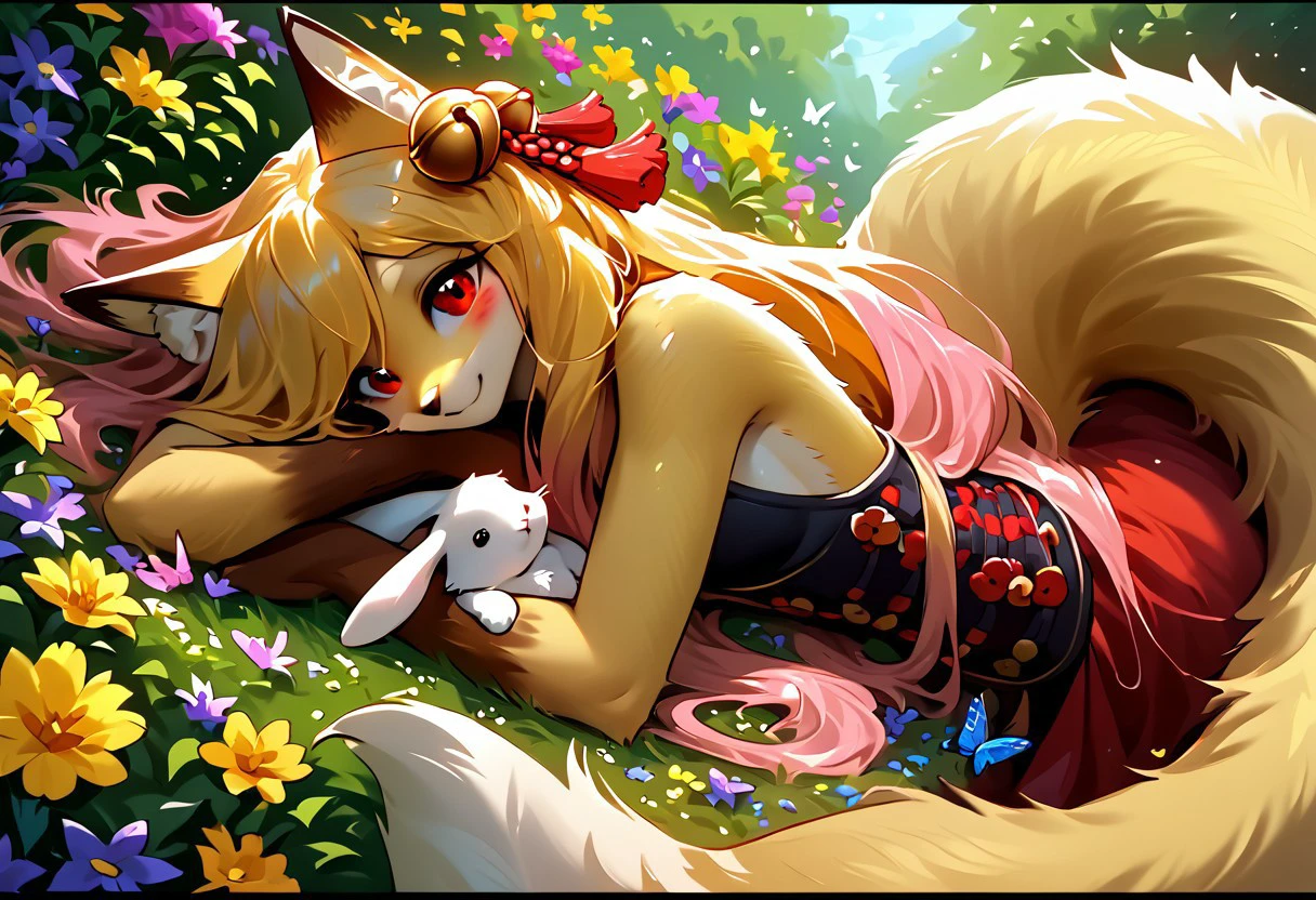 1girl, tail raised, furry female, fox tail, smile, long hair, hair bell, only furry, furry girl, animal ears, 1tail, fluffy tail, smile, red eyes,  score_9, score_8_up, score_7_up, solo, (anthro), masterpiece, (fluttershy), detailed background, upright, seated, framed in flowers, circuitry in background, yellow hair, looking at viewer, many flowers in hair, holding rabbit, white rabbit, yellow body, (lying in flowers), butterfly, small breasts,  joyful, light smile,