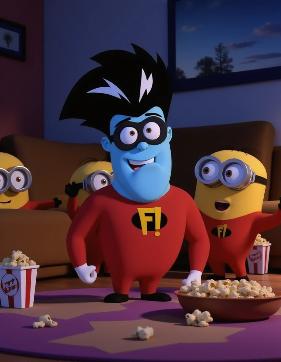 a cartoon, character, (kazzoid:1.2), f!, <lora:kazzoid2Flux:1>, 
character is wearing a red suit with a large yellow "F!" on its chest, 
cartoon, superhero, blue skin, spiky hair, black hair, mischievous grin, red bodysuit, yellow lightning bolt, emblem, 
Minions having a movie night at home, surrounded by popcorn and banana snacks, with one Minion wearing 3D glasses and looking amazed, taken by Kodak MC3 camera