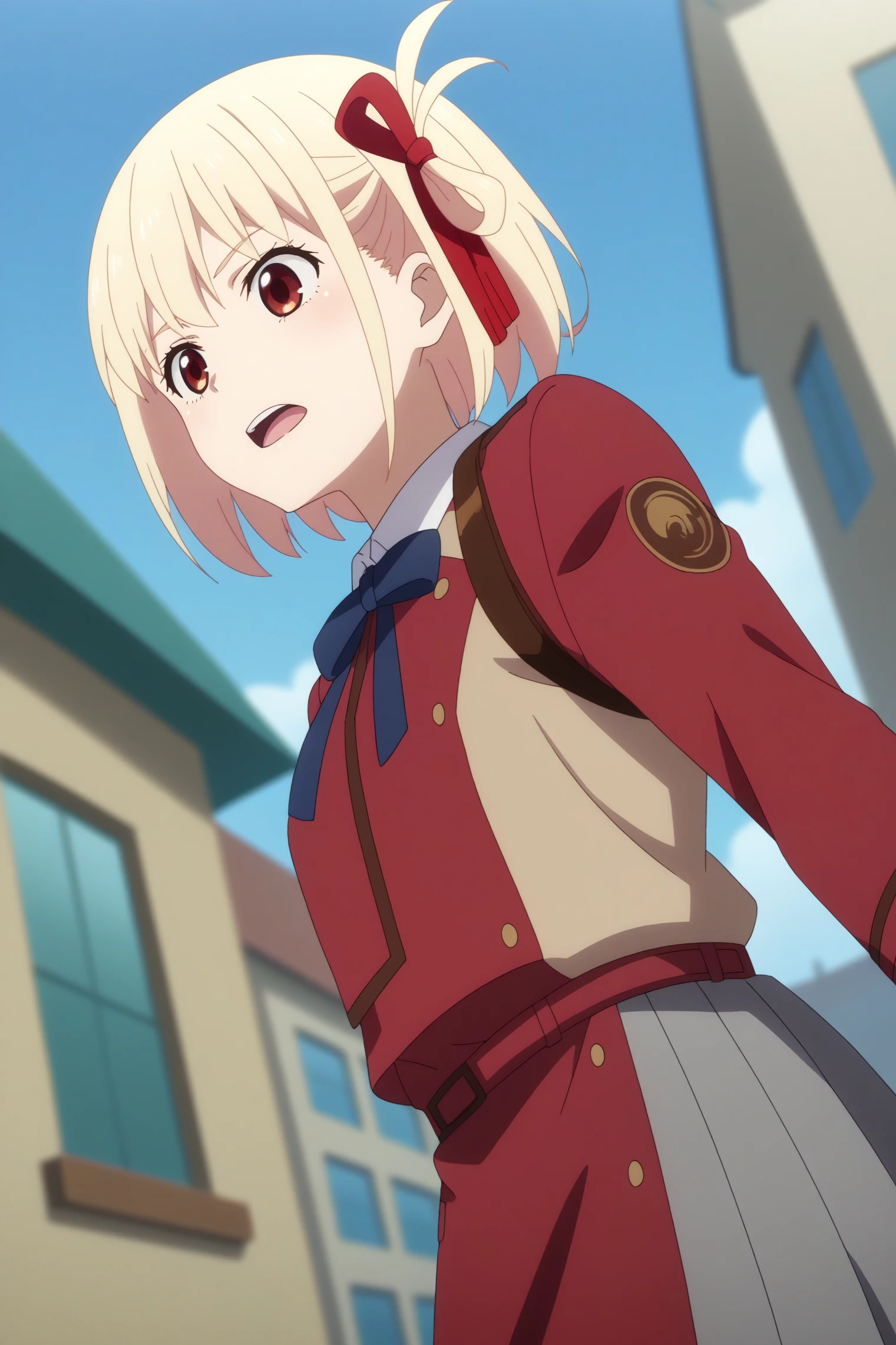 1girl,solo,chisato nishikigi,<lora:Chisato_Nishikigi_-_Lycoris_Recoil.safetensors:0.8> , lycoris uniform,short hair,ribbon,bangs,red ribbon,skirt,outdoors,blue sky,buildings,looking behind,upper teeth only,dutch angle 