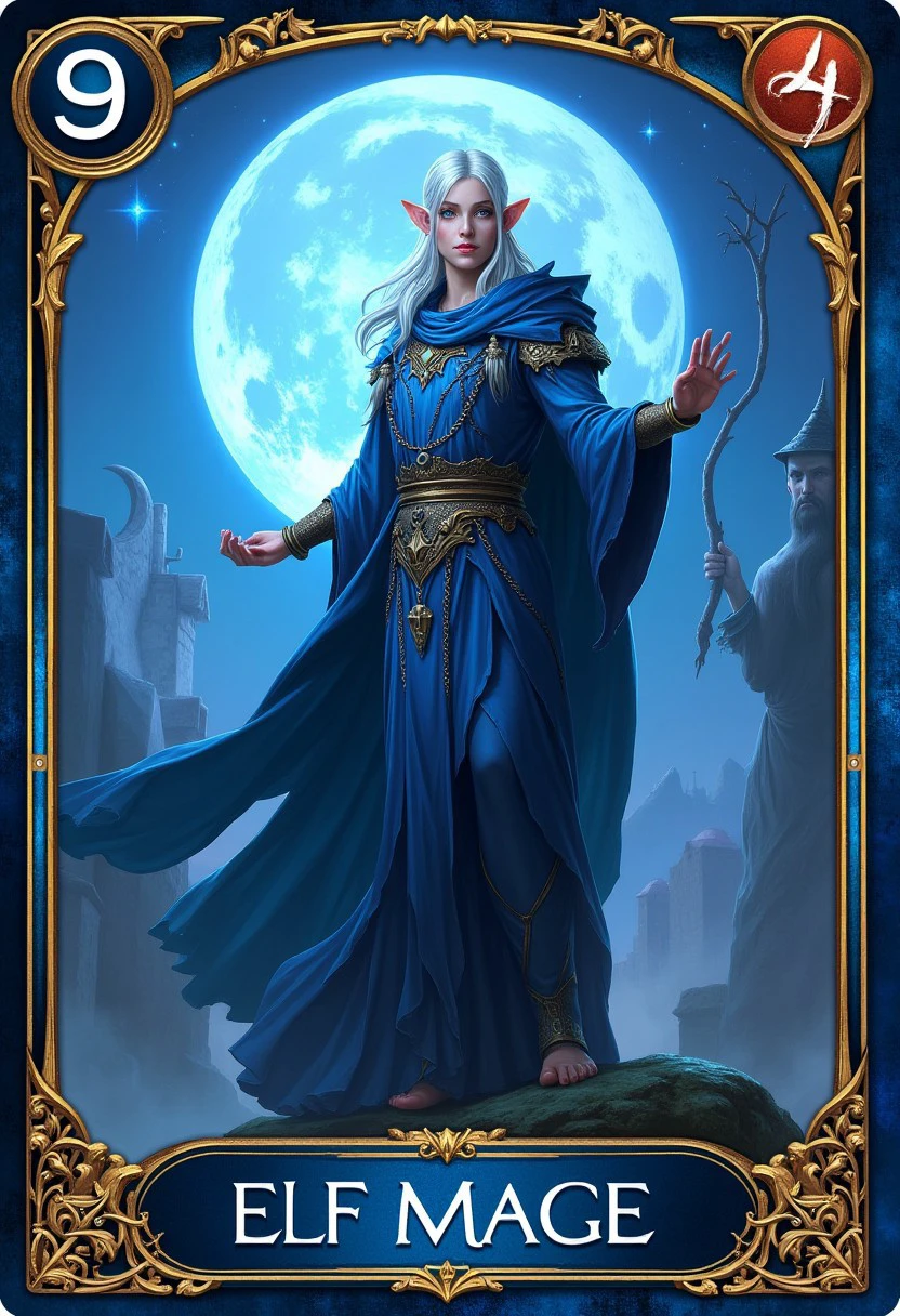 Tr4dingcard, a trading card of an elf mage titled "Elf mage" blue theme with gold stylings