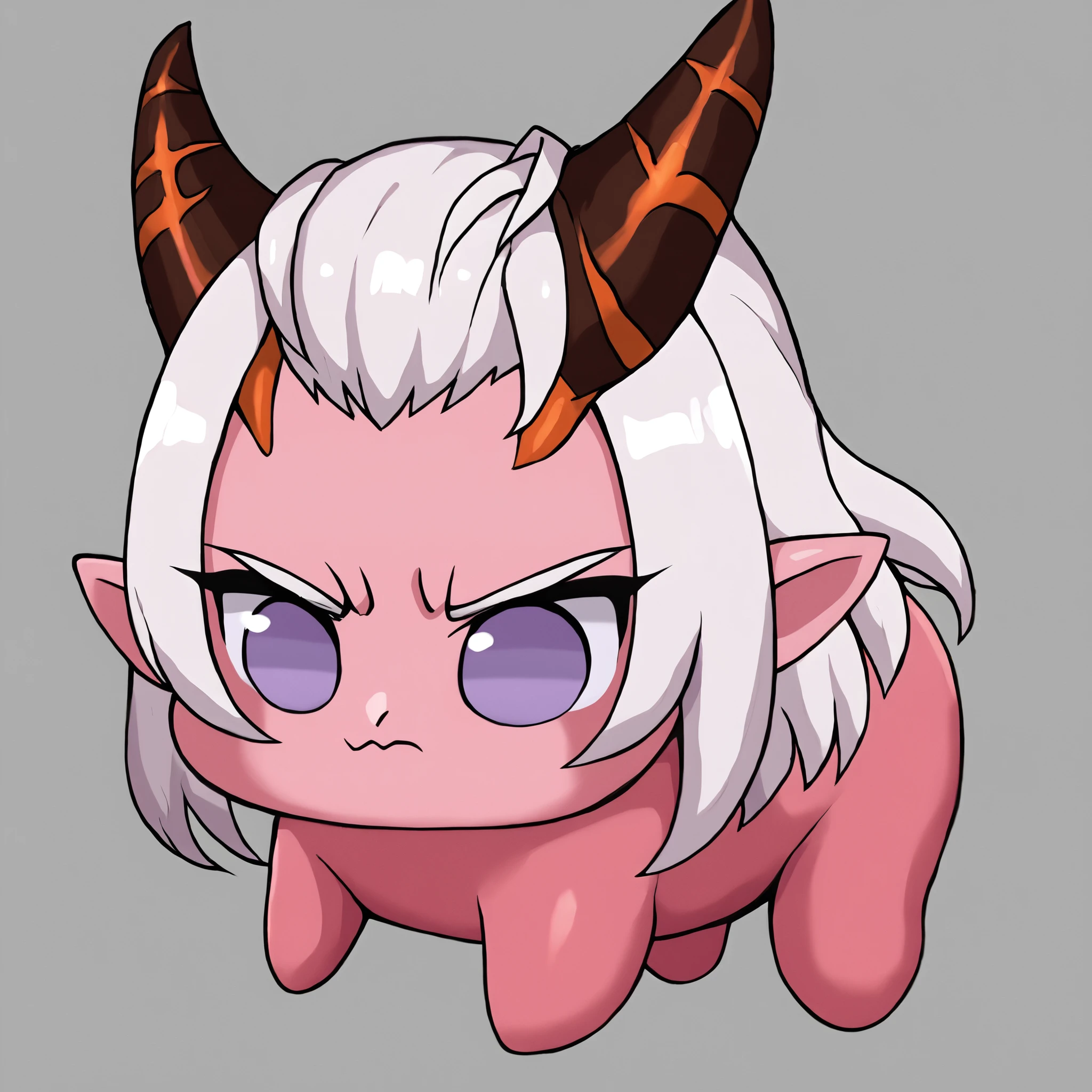 MorrahKR, solo, red horns, curled horns, pointy ears, pink skin, hair slicked back, medium hair, white hair, <lora:morrahkr-ponyxl-beta2-08:1.0>, <lora:Doro_X_PDXL_V1:0.95> doro, creature, closed mouth, :angry, chibi, purple eyes, no humans, four legs, solid circle eyes, no pupils, simple background,