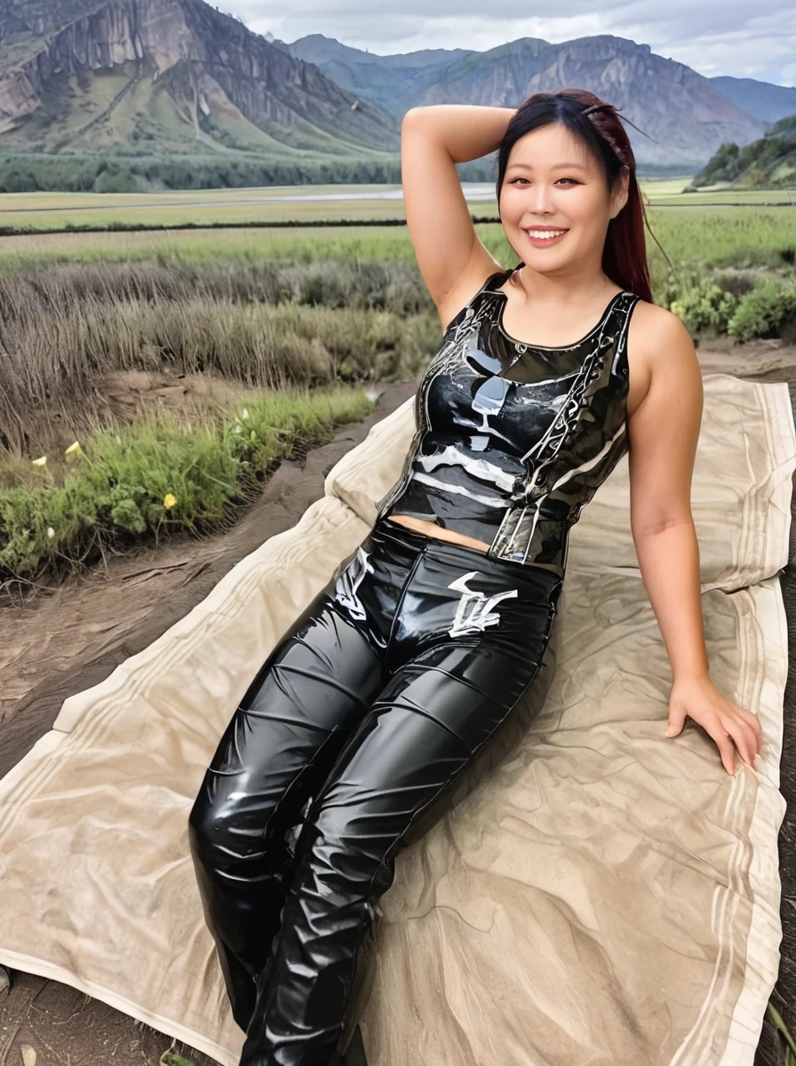 masterpiece, source_9, best quality, 1girl, female focus,Io, Iyo, <lora:Iyo_Sky_Io_Shirai_WWE_wrestler:1> tank top, latex pants, smile, cowboy shot, landscape with tint, lying, on back