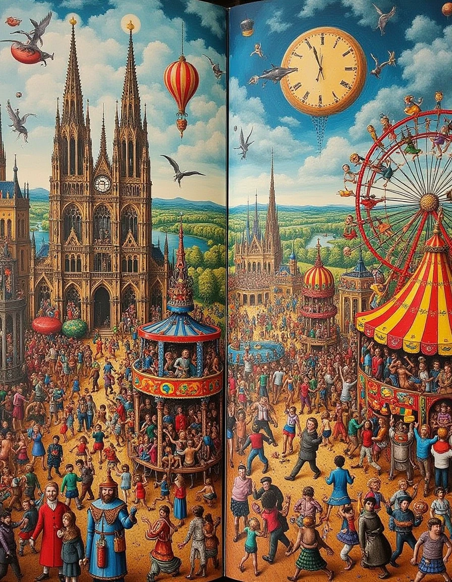 <lora:Wheres_Hieronymus_V3:1> This artwork depicts a chaotic, dancing and mingling. The background features a Ferris wheel and a large,  The artwork is rich in color and texture, intricate details and vibrant colors.  The left panel depicts a fantastical medieval cityscape with a towering Gothic cathedral, and surreal painting, hide waldo in the painting