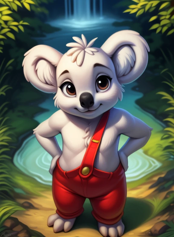 <lora:BlinkyBillAmyRosMilPowAroYif:1> BlinkyBillAmyRosMilPowAro, koala, gray fur, chibi, small body, red pants with suspenders,
Looks at the viewer, [  solo, (nature), forest, day, clouds, waterfall,]  ((Hands on hips, standing, high-angle view,))
(beautiful, aesthetic, perfect, delicate, intricate, saturated colors), masterpiece, digital drawing, best quality,
by ulitochka, by taran fiddler, by Silverfox5213, by personalami,