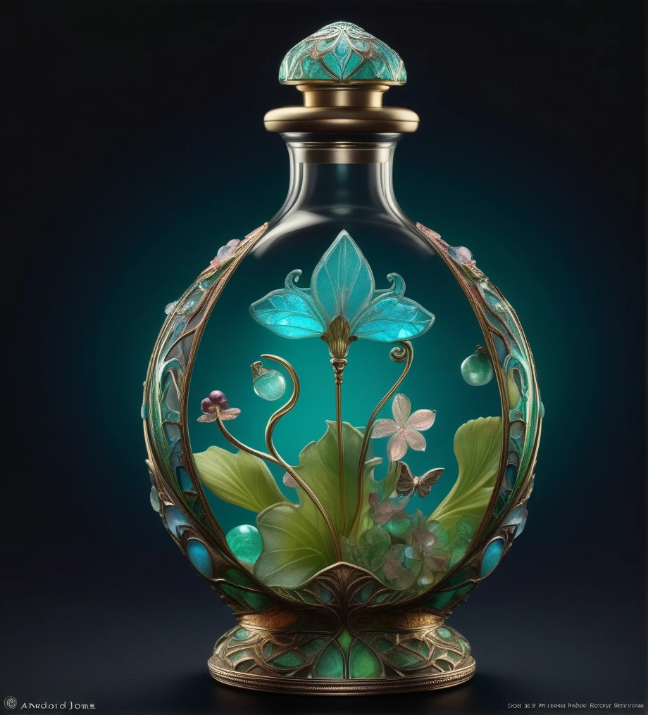 Art Nouveau, beautiful art, Intricate gorgeous detailed bioluminescent magical and dreamy fairy perfume bottle, breathtaking borderland fantasycore artwork by Android Jones, Jean Baptiste monge, Alberto Seveso, Erin Hanson, Jeremy Mann. maximalist highly detailed and intricate professional_photography, a masterpiece, 8k resolution concept art, Artstation, triadic colors, Unreal Engine 5, cgsociety, lighting, Photorealism, Fujifilm, sleek, organic forms, long, sinuous, art nouveau style