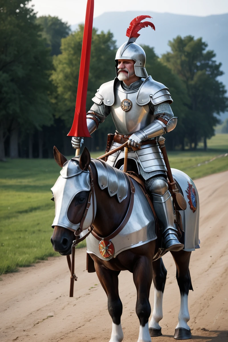 source_realistic, photorealistic photo, realistic, simple white background, empg3n3r4l, male focus, full gilded armor, helmet, mustache, old, breastplate, pauldrons, tassets, gauntlets, black and white puffy sleeves, holding lance, horseback riding, barding, <lora:empg3n3r4lPonyV2-000020:0.8>, PonyXL_Scores