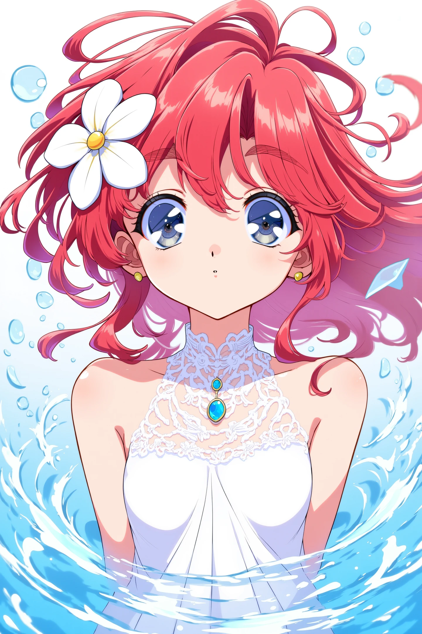 This is a vibrant digital illustration in an anime style, featuring a young woman with striking red hair cascading around her face and shoulders. Her hair is voluminous and flows in waves, with a large white flower adorning her left temple. She has large, expressive blue eyes that dominate her face, reflecting a sense of innocence and wonder. Her skin is fair, and her lips are slightly parted, giving a subtle, innocent expression. She wears a white, sleeveless dress with a high collar and intricate lace detailing, which adds a touch of elegance to her appearance. Around her neck, she has a delicate, blue gemstone necklace that complements her dress. The background is a gradient of blue and white, suggesting water or a sky, with subtle ripples and waves that mirror the movement of her hair. The overall composition is dynamic, with the water-like background elements enhancing the sense of motion and fluidity. The illustration captures a serene yet captivating moment, with meticulous attention to detail in the character's features and the surrounding elements.
<lora:hrn_yc:1>,