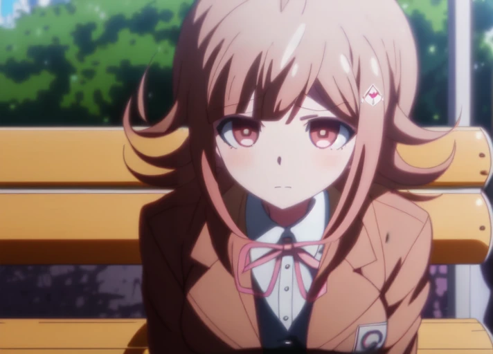 solo , <lora:Chiaki_Nanami_SD15:1>,   screencap from the anime Danganronpa The Animation, anime , Chiaki Nanami, Danganronpa 3 uniform, brown blazer, cream hooded cardigan, dress shirt, pink ribbon, medium length hair, dusty pink hair, Galaga hairpin , sad expression , sitting on bench, waiting for the bus, bus stop