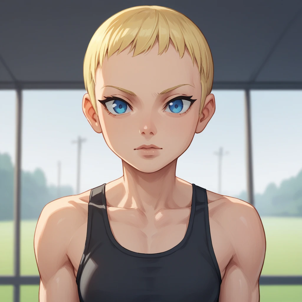 score_9_up, score_8_up, BREAK, BuzzShortHair, bixie, very short hair, solo, 1girl, blonde hair, blue eyes, black sports bra, upper body, depth of field, <lora:BuzzShortHair_PXL_Leaf1:0.8>, looking at viewer, spiked bangs