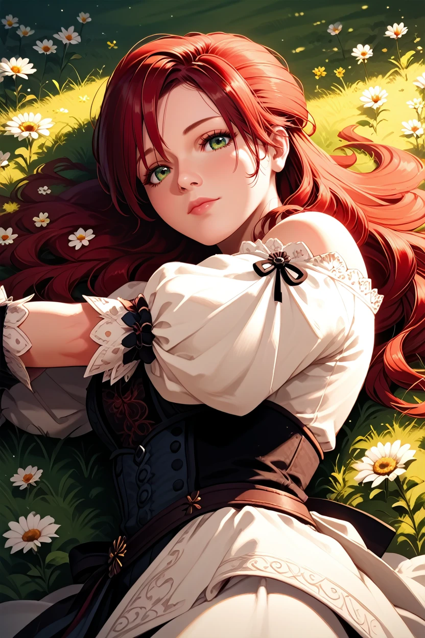 score_9, score_8_up, score_7_up, score_6_up
<lora:ACUElise:1.0>
ACUElise, 1girl, red hair, long hair, green eyes, looking at viewer, lying in a field of wildflowers, arms stretched out, sun shining through the clouds, soft and warm lighting, peaceful and nature-connected feeling