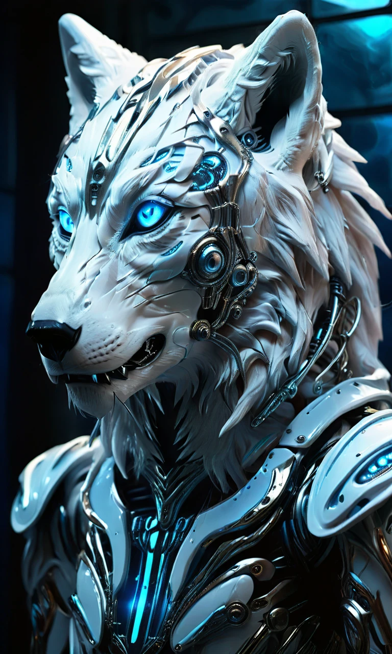 <lora:biomaniod:0.8>,xsbio,cybernetic wolf, portrait, glowing blue cybernetic implants::2, sleek metallic fur, intense cybernetic eyes::3, futuristic background, dark and moody lighting, cinematic composition, ultra-detailed, high contrast, sharp details, best quality