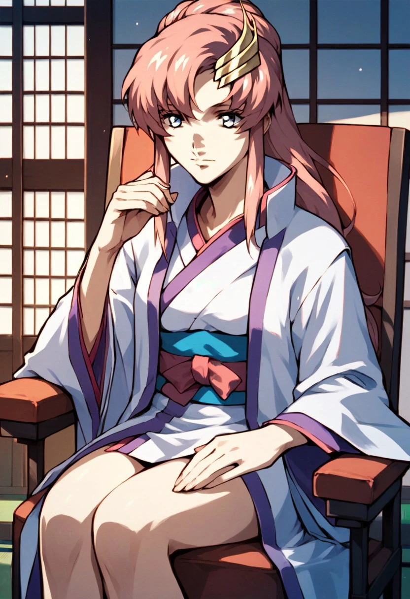 score_9,score_8_up,score_7_up,source_anime, Lacus Clyne,1girl,solo,hair ornament,long sleeves,sitting,japanese clothes,kimono,chair,