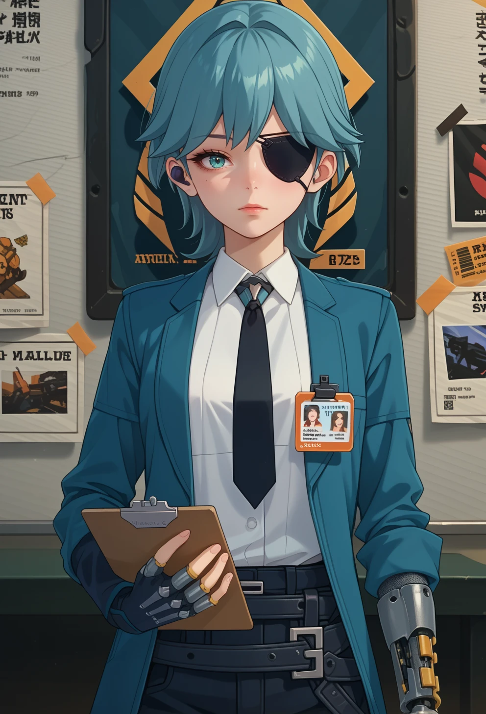 score_9, score_7_up, source_anime, BREAK <lora:AEOfelia:0.7> AEOfelia, aqua eyes, blue eyes, blue hair, short hair, prosthetic arm, single mechanical arm, eyepatch, earphones, blue jacket, long sleeves, black necktie, collared shirt, white shirt, shirt tucked in,
black gloves, fingerless gloves, belt, id card, black pants, portrait, facing away, facing viewer, reading, (holding clipboard:1.2),