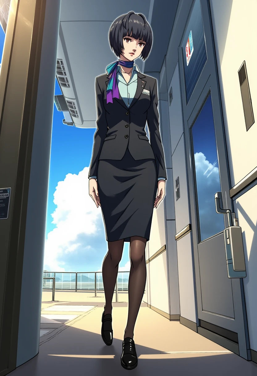 Anime style, sharp, high contrast and highly detailed. Ghibli anime style. Perfect anatomy. Perfect body ratio. No oversized head. No blurry, out of focus pictures. No simple background, no single color background.
She is standing in a futuristic airport, with sunshine, blue sky and white cloud in the background. 
takemi_tae wears a sleek and professional airline attendant uniform inspired by Japanese aesthetics, similar to the uniforms of ANA (All Nippon Airways). The uniform should consist of a tailored black jacket with a subtle sheen, featuring a structured, fitted design with long sleeves and a single-button closure. Beneath the jacket, the attendant wears a light blue collared shirt, neatly tucked into a matching knee-length pencil skirt. Around the neck is a silk scarf in a vibrant, bold color such as purple or blue, tied elegantly to add a touch of flair and sophistication. The outfit is complemented by sheer black tights and polished black dress shoes with low heels, designed for both style and comfort. She looks mature, gentle and elegant. She is looking at the viewer with a beautiful smile. Anime style, sharp, high contrast and highly detailed. Ghibli anime style. Perfect anatomy. Perfect body ratio. No oversized head. No blurry, out of focus pictures. No simple background, no single color background.
<lora:Tae Takemi_epoch_5:1>