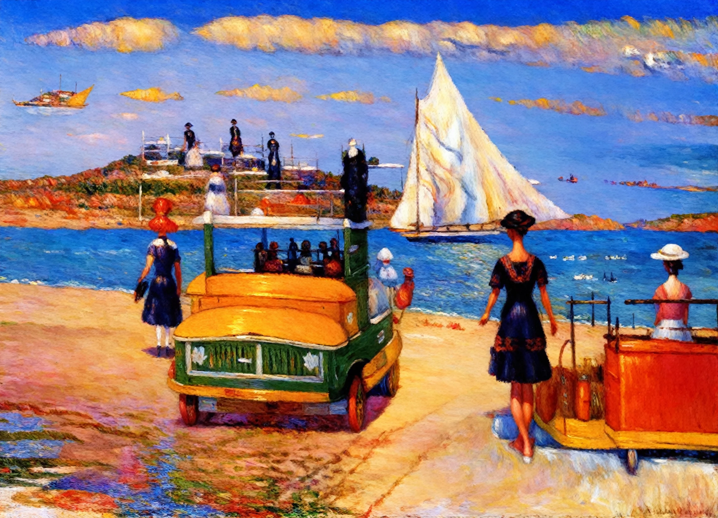 <lora:glackens_pony_v1:1>  ' beach ' by glackens william james in 1911,landscape \(genre\),impressionism \(style\),vehicle,sailboat,two women  walking on a beach on the ocean with sailboats in the background, score_9, score_6_up, score_7_up