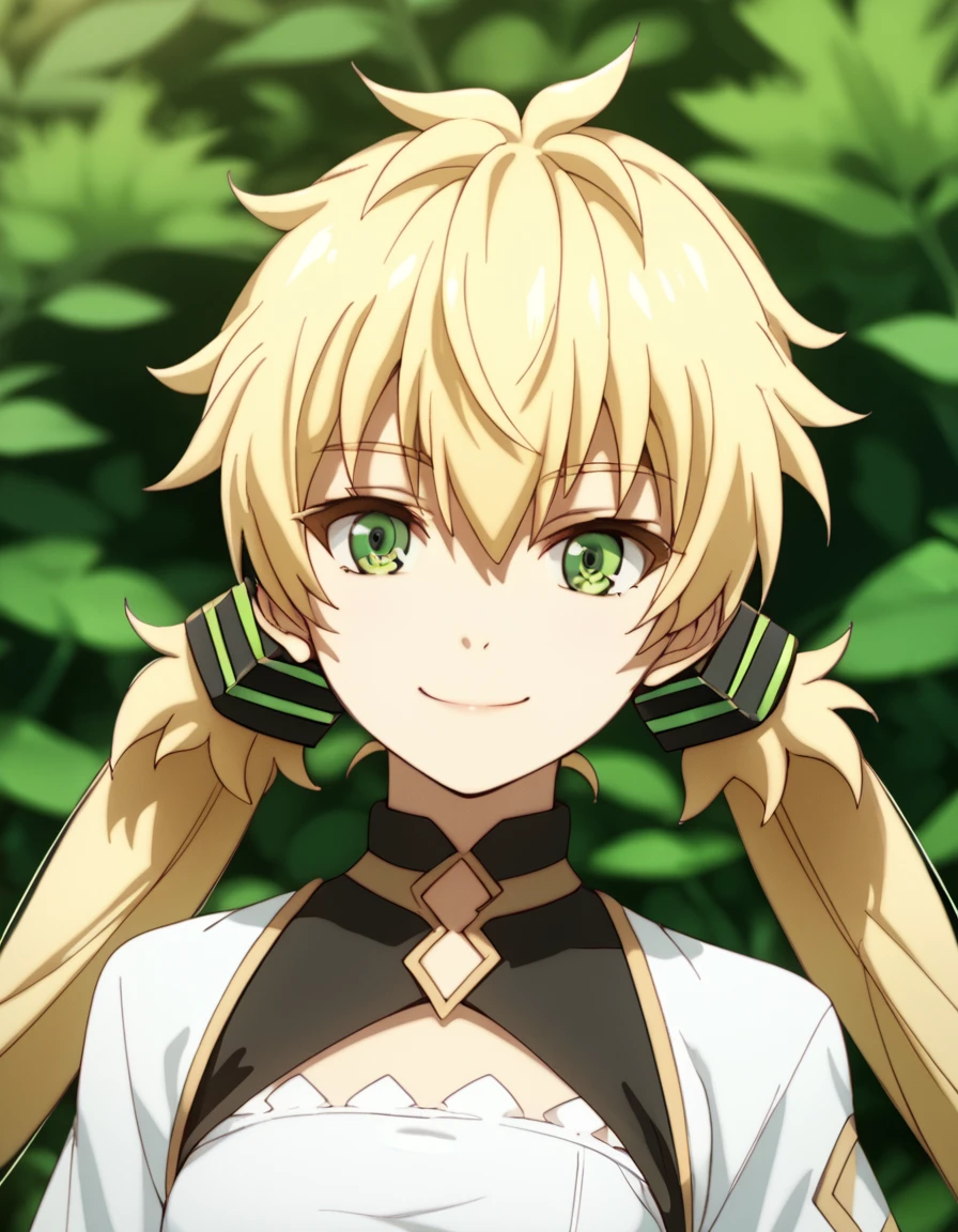 Verda, blonde hair, navel, hair between eyes, very long hair, twintails, green eyes, low twintails, score_9, score_8_up, score_7_up, score_6_up, score_5_up, score_4_up, source_anime  <lora:GreatestDemonLordRebornasNobody:1>, portrait, soft smile,