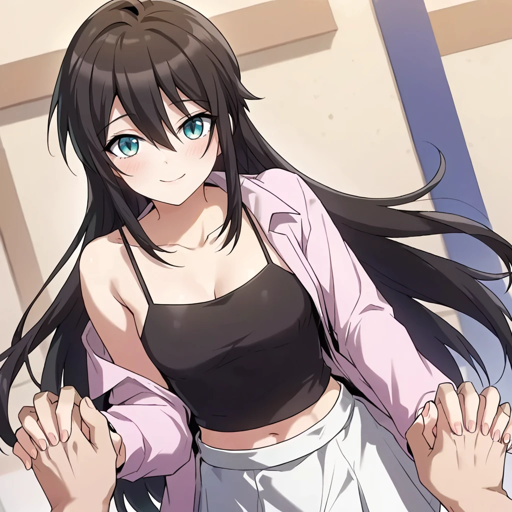 1girl, solo, rurin, long hair, black hair, aqua eyes, slit pupils, hair between eyes, bangs, sidelocks, collarbone, breasts, cleavage, small breasts, hips, thighs, navel, midriff, black camisole, pink jacket, open jacket, white skirt, blush, holding hands, pov, interlocked fingers, 
looking at viewer, smile, closed mouth, facing viewer, 
score_9, score_8_up, score_7_up, masterpiece,
<lora:Rurin_r1:0.8>