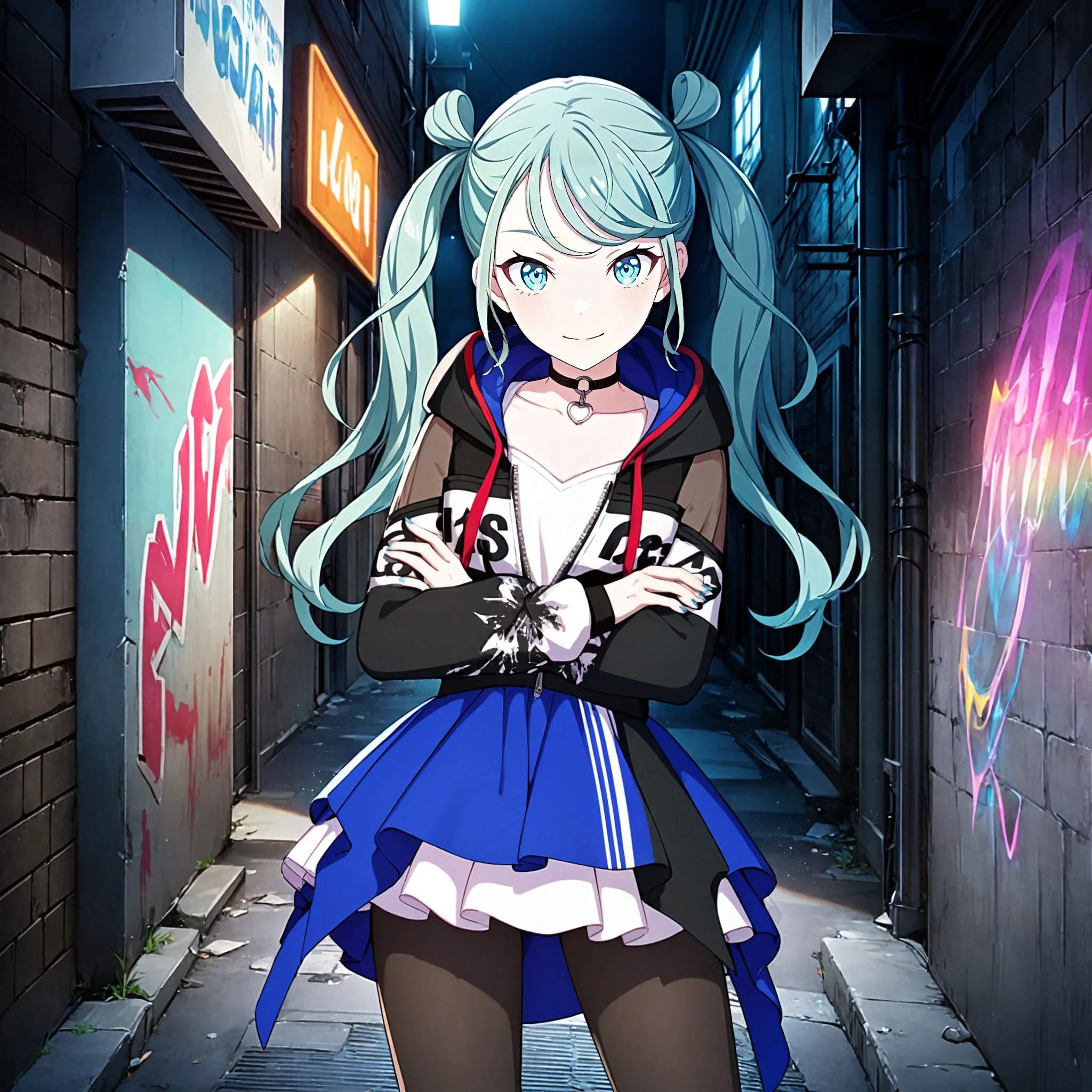 1girl, vivid bad squad miku, project sekai, masterpiece, very aesthetic, absurdres, official art,
vbsmiku, solo, aqua very long hair, twintails, aqua eyes, nail polish, aqua nail,
(looking at viewer:1.4), light smile, standing, contrapposto, crossed arms,
long hair, skirt, twintails, pantyhose, blue skirt, jacket, black pantyhose, zipper, hood, choker, blue eyes, black jacket, print jacket, collarbone, shirt, jewelry, zipper pull tab, partially unzipped, white shirt, hooded jacket, layered skirt, long sleeves, pendant choker, black choker, collar, drawstring, see-through, frilled skirt, hood down, hoodie, clothes writing, open clothes, frills, o-ring, hoop earrings, pleated skirt, o-ring choker, multicolored clothes,
City of night, alley, night, brick wall, graffiti on wall, light rays, luminescence, dark atmosphere, neon sign,
<lora:sdxl-vs-vbsMiku05:0.8:lbw=XL-Clear>