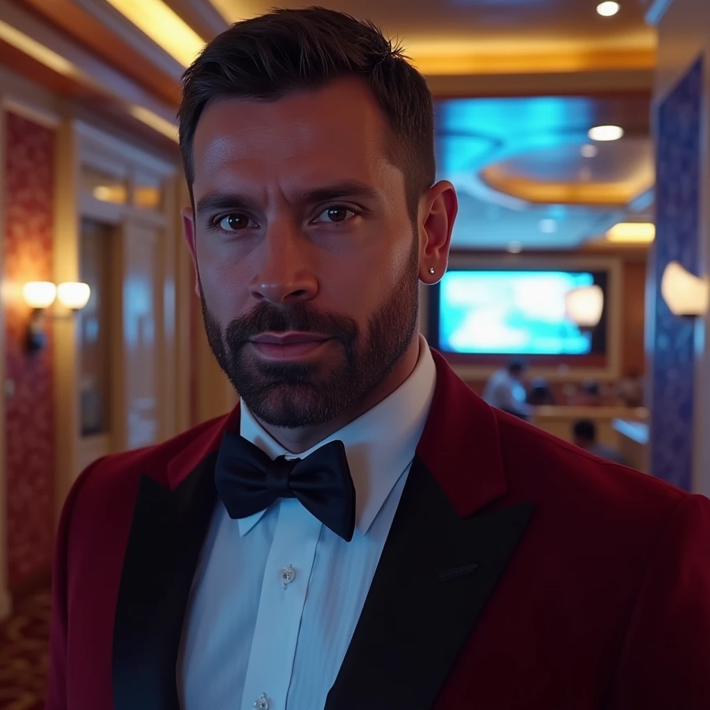 man, full body shot, vivid and vibrant colors, highly detailed skin, looking at viewer, tuxedo, cruise ship, br4dl3y, captivating eyes