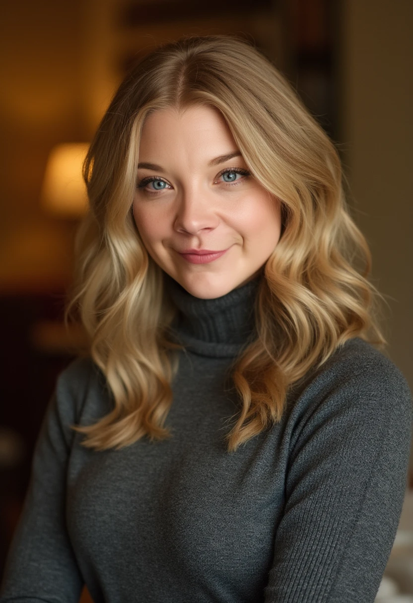 Natalie Dormer is captured in a professional close-up portrait indoors, wearing a cozy grey turtleneck sweater. The lighting is warm and softly diffused, highlighting her features and creating a gentle glow on her face. The background is a neutral, blurred tone, allowing her vibrant hair and expressive eyes to stand out. Her expression is relaxed and inviting, with a slight smile that brings warmth and elegance to the image