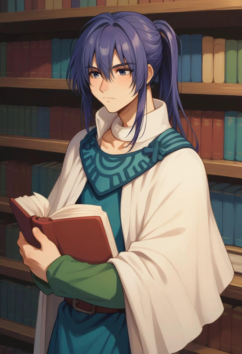 score_9, score_8_up, score_7_up, source_anime, highly detailed, 
keele, 1boy, solo, male focus, book, ponytail, purple hair, long hair, blue hair, robe, upper body,
indoor, books, library,