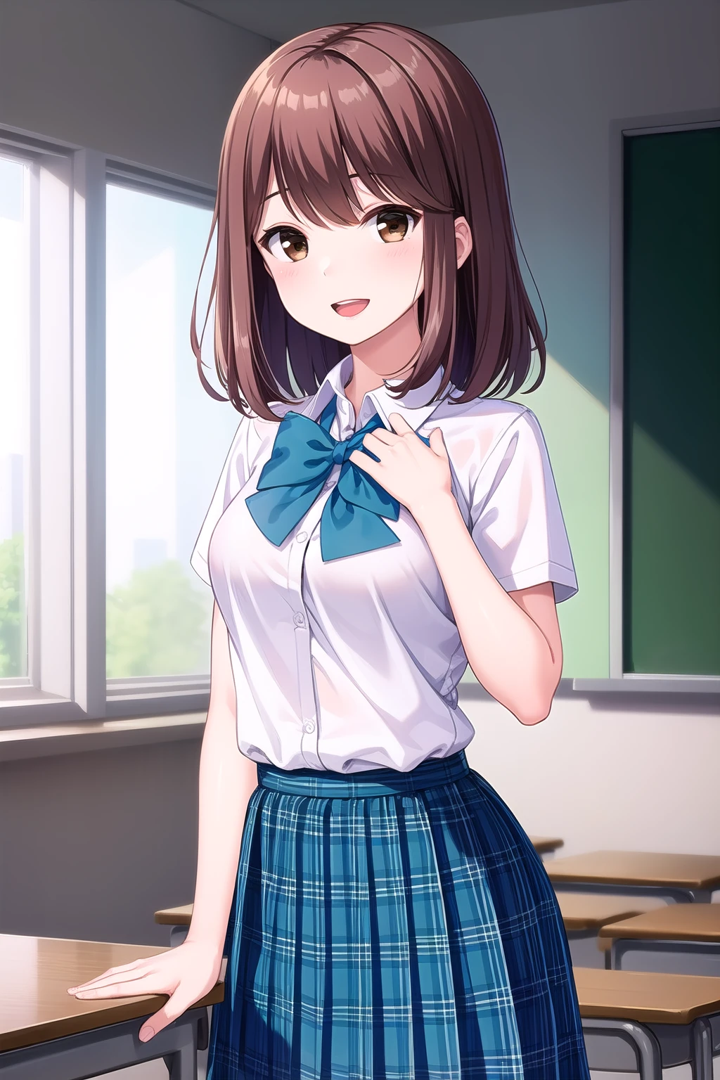 (masterpiece, best quality), highly detailed background, perfect lightingbest quality, shiinakokomi, solo, indoors, classroom, brown hair, swept bangs, medium hair, brown eyes, medium breasts, blue bowtie, collared shirt, white shirt, short sleeves, (hand on own chest:1.1), blue skirt, plaid skirt, school uniform, smile, open mouth, :d, pink lips, <lora:Shiina-Kokomi:0.7>