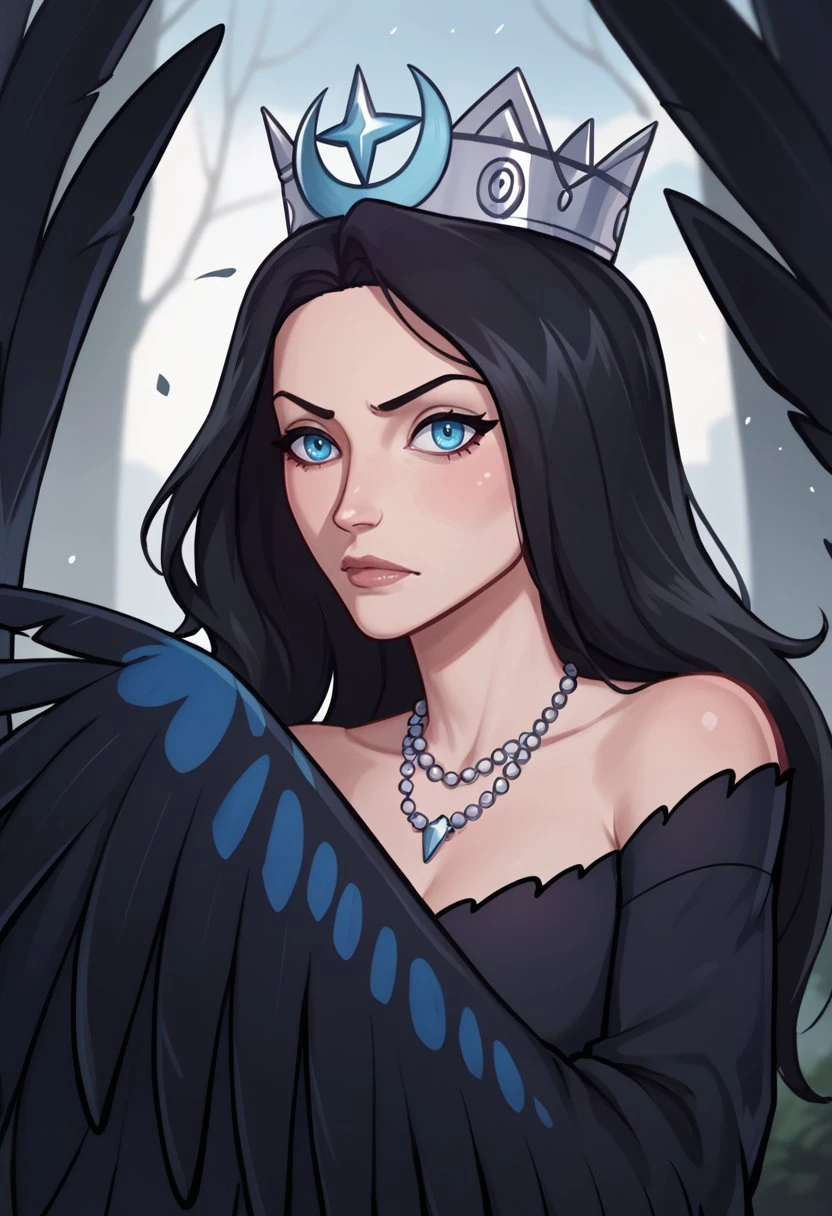 score_9, score_8_up, score_7_up, score_6_up BREAK, portrait, 1girl, solo, long hair, blue eyes, black dress, black hair, necklace, crown, monster girl, harpy, winged arms, sirin-dh  <lora:Sirin:0.7>