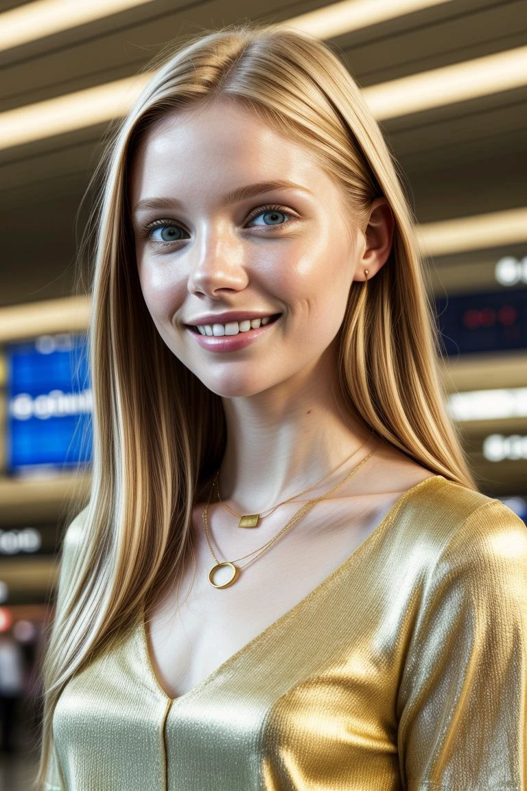 European woman, closeup, (shirt), pants, (airport terminal), gold necklace , smiling , ZM_stacey, wide shoulders, perfect face, (contact iris: 1.1), pale skin, skin pores , depth of field