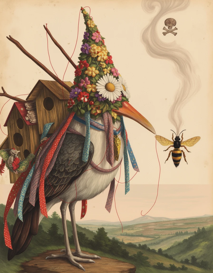 elgc, bird with pointed floral head covering and daisy eyes with a bundle of bird houses strapped to its back by thin red string perched on a branch, different colored ribbons with different types of patterns hanging down from the head covering, a bird with smoke coming off it and red string wrapped around it perched on the branch, a line divides the image with an arch between a landscape on the right and blank with scuff marks on the left, bee underneath skull and cross bones