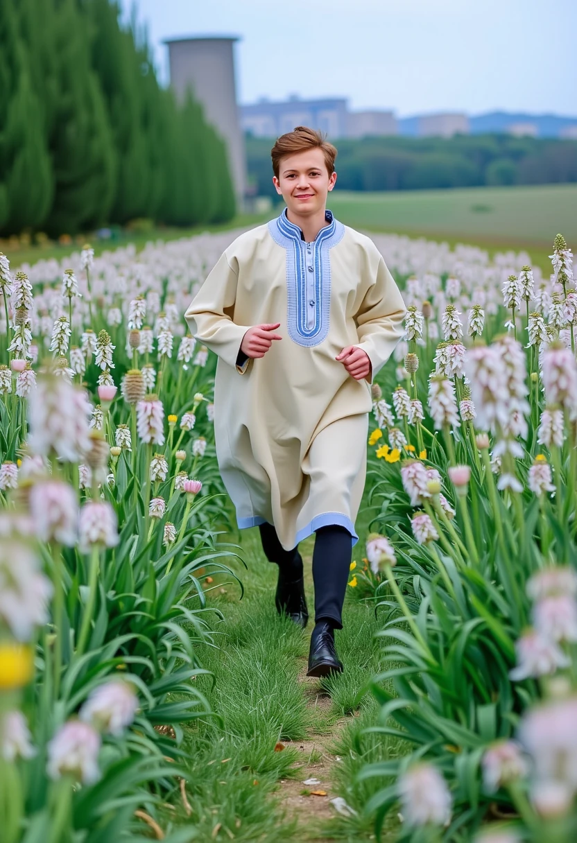 A young man wearing drr-jlb, running through narrow path in a field of flowers, with a bright smile,,pavsok Style